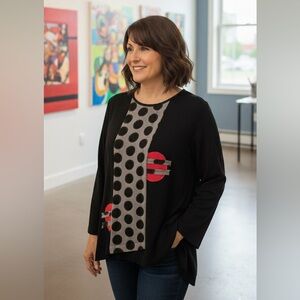 Moonlight, Black and Gray Polka Dot Top with Red Accents
